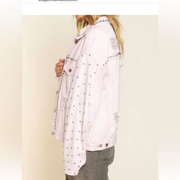 POL DISTRESSED AND STUDDED JEAN JACKET IN PINK - Picture 2 of 14
